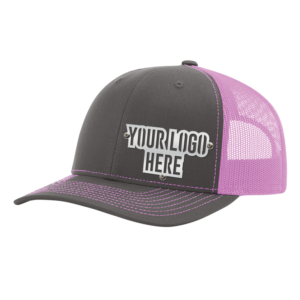Custom Company Hats With Logo - Charcoal w/Pink Mesh Trucker Hat – Raised Stainless Design - Headgear Hats