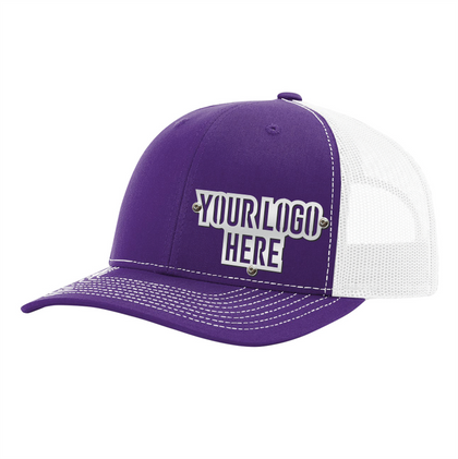 Custom Company Hats With Logo - Purple w/White Mesh Trucker Hat – Raised Stainless Design - Headgear Hats