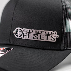 Custom Company Badge Hats With Logo - Black Mesh Trucker Hat – Raised Stainless Design - Headgear Hats