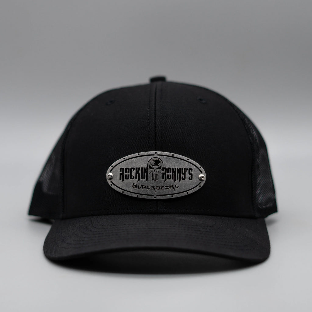 Custom Company Badge Hats With Logo - Black Mesh Trucker Hat – Raised Stainless Design - Headgear Hats
