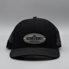 Custom Company Badge Hats With Logo - Black Mesh Trucker Hat – Raised Stainless Design - Headgear Hats