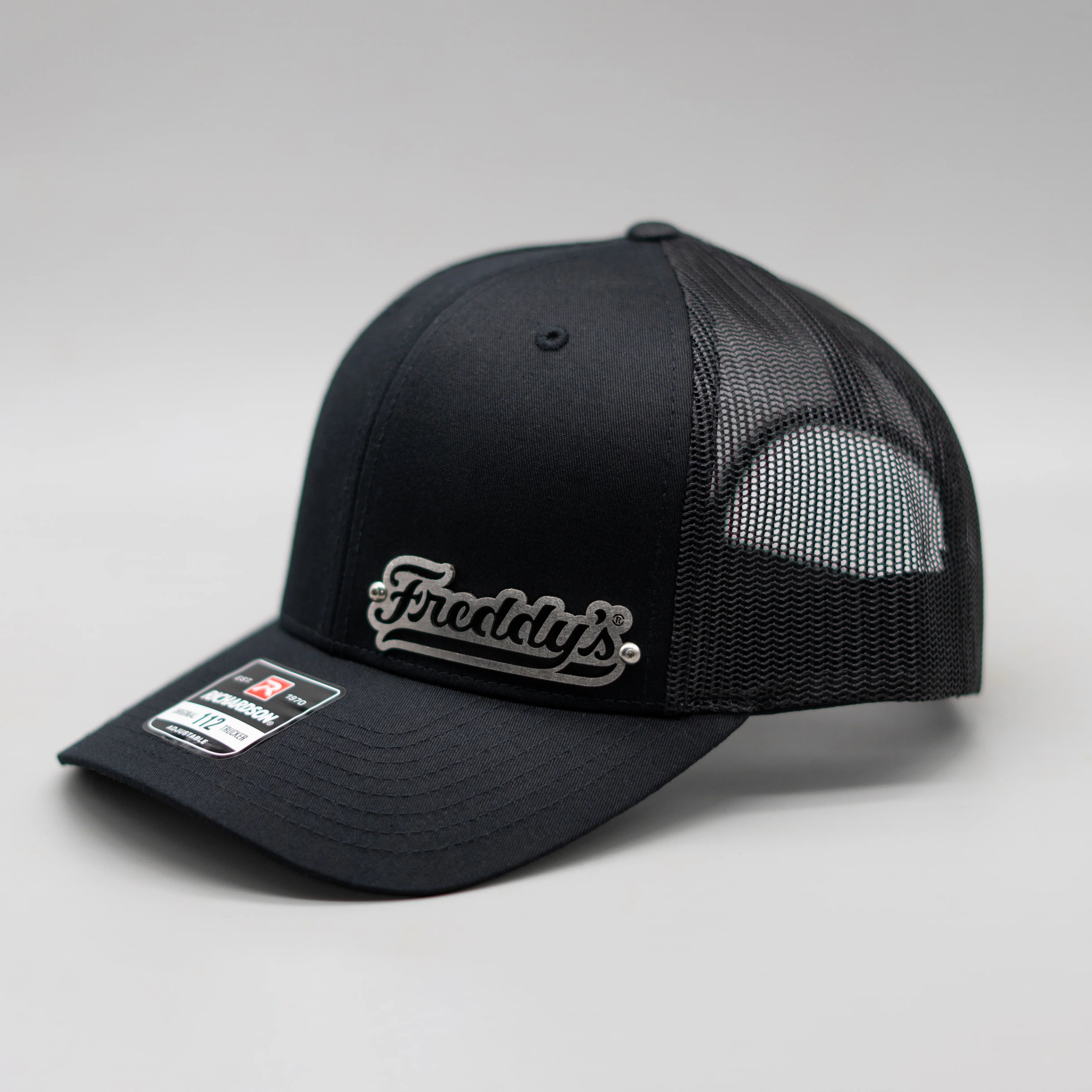 Custom Company Badge Hats With Logo - Black Mesh Trucker Hat – Raised Stainless Design - Headgear Hats