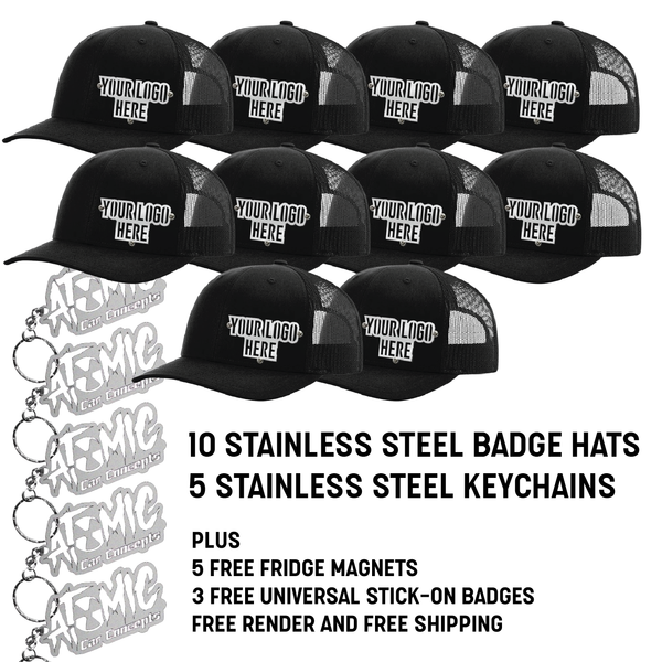 Small Business Bundle - 10 Stainless Steel Badge Hats, Keychains and Universal Badges