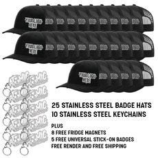 Medium Business Bundle - 25 Stainless Steel Badge Hats, Keychains and Universal Badges