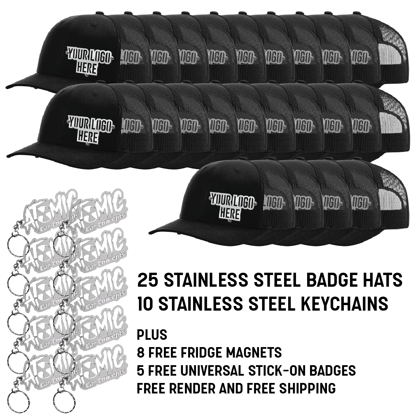 Medium Business Bundle - 25 Stainless Steel Badge Hats, Keychains and Universal Badges