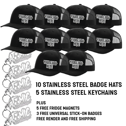 Small Business Bundle - 10 Stainless Steel Badge Hats, Keychains and Universal Badges