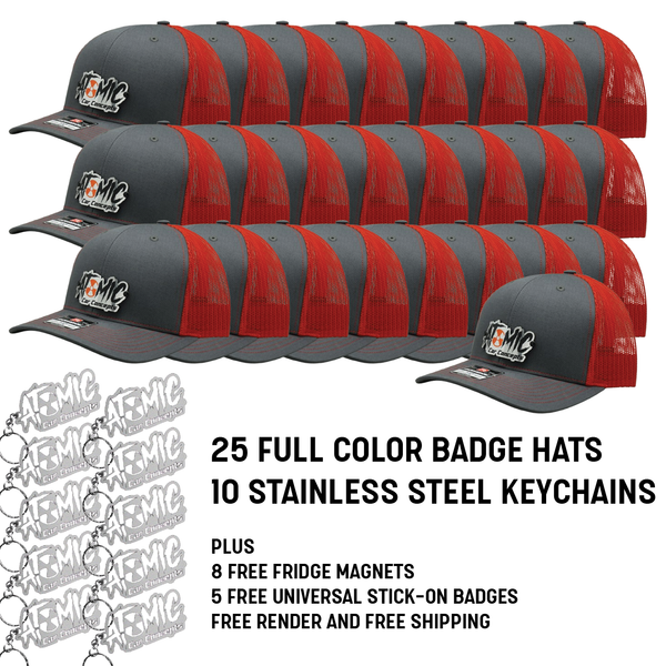 Medium Business Bundle - 25 Full Color Badge Hats, Keychains and Universal Badges