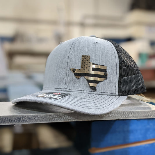 Custom Company Badge Hats With Logo - Mesh Trucker Hat – Brushed Gold/Black Badge - Economy - Headgear Hats