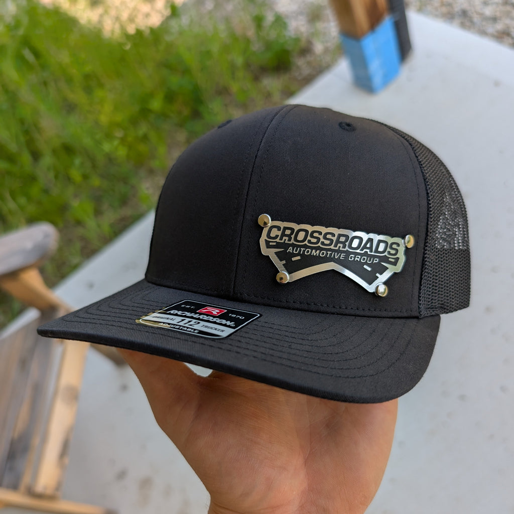 Custom Company Badge Hats With Logo - Mesh Trucker Hat – Brushed Silver/Black Badge - Economy - Headgear Hats