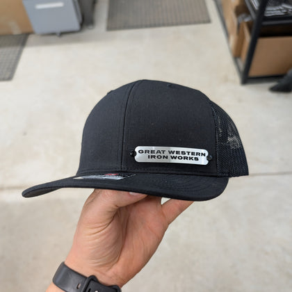 Custom Company Badge Hats With Logo - Mesh Trucker Hat – Brushed Silver/Black Badge - Economy
