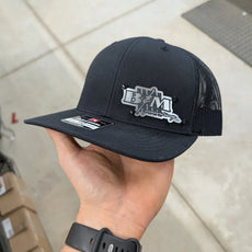 Custom Company Badge Hats With Logo - Mesh Trucker Hat – Brushed Silver/Black Badge - Economy - Headgear Hats