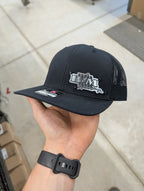 Custom Company Badge Hats With Logo - Mesh Trucker Hat – Brushed Silver/Black Badge - Economy - Headgear Hats