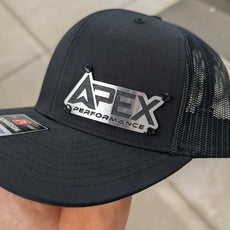 Custom Company Badge Hats With Logo - Mesh Trucker Hat – Brushed Silver/Black Badge - Economy - Headgear Hats