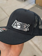 Custom Company Badge Hats With Logo - Mesh Trucker Hat – Brushed Silver/Black Badge - Economy - Headgear Hats