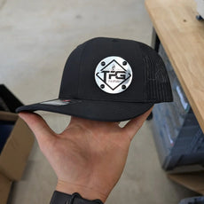 Custom Company Badge Hats With Logo - Mesh Trucker Hat – Brushed Silver/Black Badge - Economy - Headgear Hats