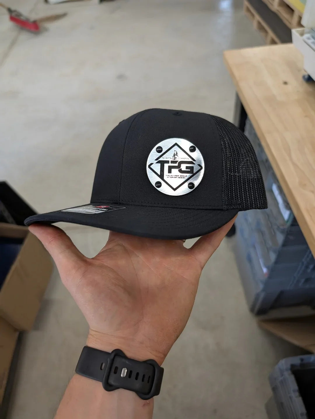 Custom Company Badge Hats With Logo - Mesh Trucker Hat – Brushed Silver/Black Badge - Economy - Headgear Hats