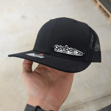 Custom Company Badge Hats With Logo - Mesh Trucker Hat – Brushed Silver/Black Badge - Economy - Headgear Hats