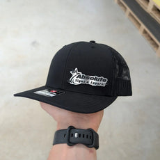 Custom Company Badge Hats With Logo - Mesh Trucker Hat – Brushed Silver/Black Badge - Economy - Headgear Hats