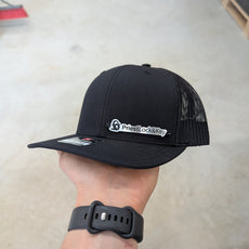 Custom Company Badge Hats With Logo - Mesh Trucker Hat – Brushed Silver/Black Badge - Economy - Headgear Hats