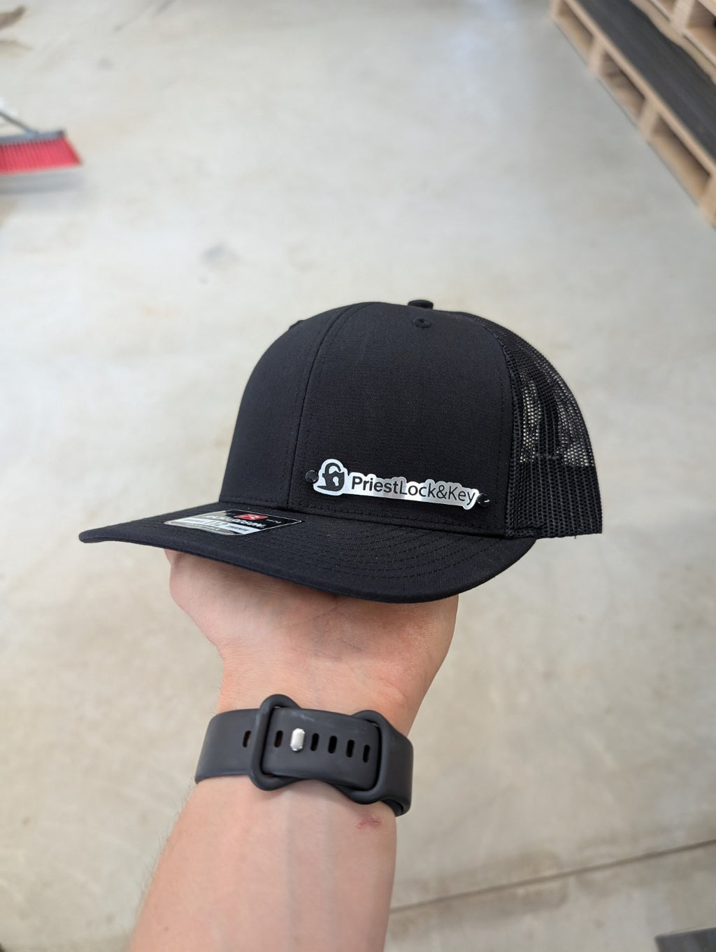 Custom Company Badge Hats With Logo - Mesh Trucker Hat – Brushed Silver/Black Badge - Economy - Headgear Hats