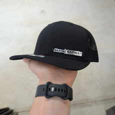 Custom Company Badge Hats With Logo - Mesh Trucker Hat – Brushed Silver/Black Badge - Economy - Headgear Hats
