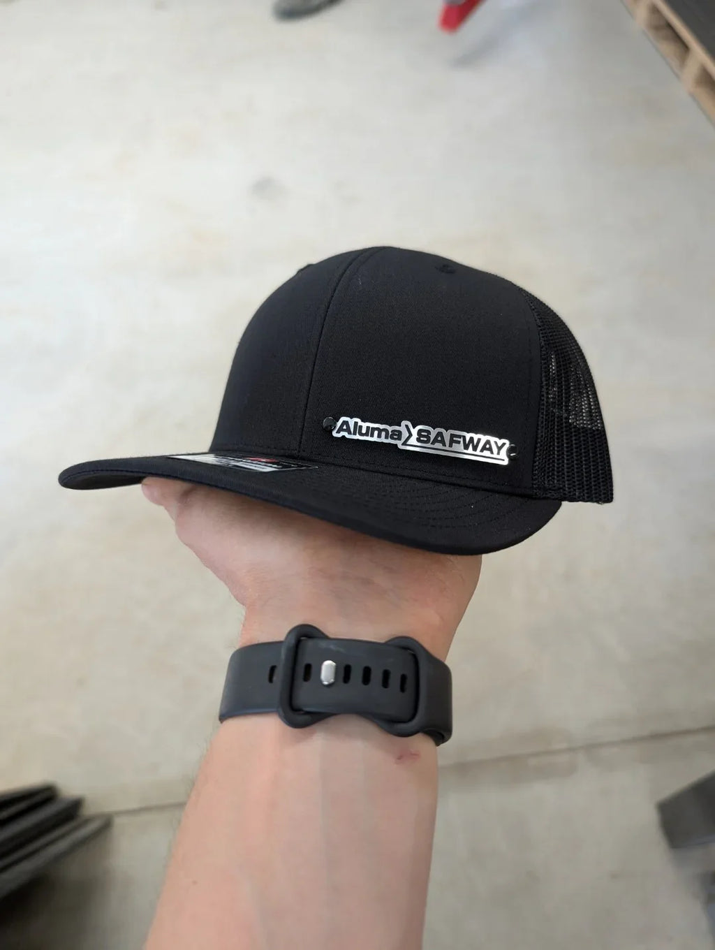 Custom Company Badge Hats With Logo - Mesh Trucker Hat – Brushed Silver/Black Badge - Economy - Headgear Hats