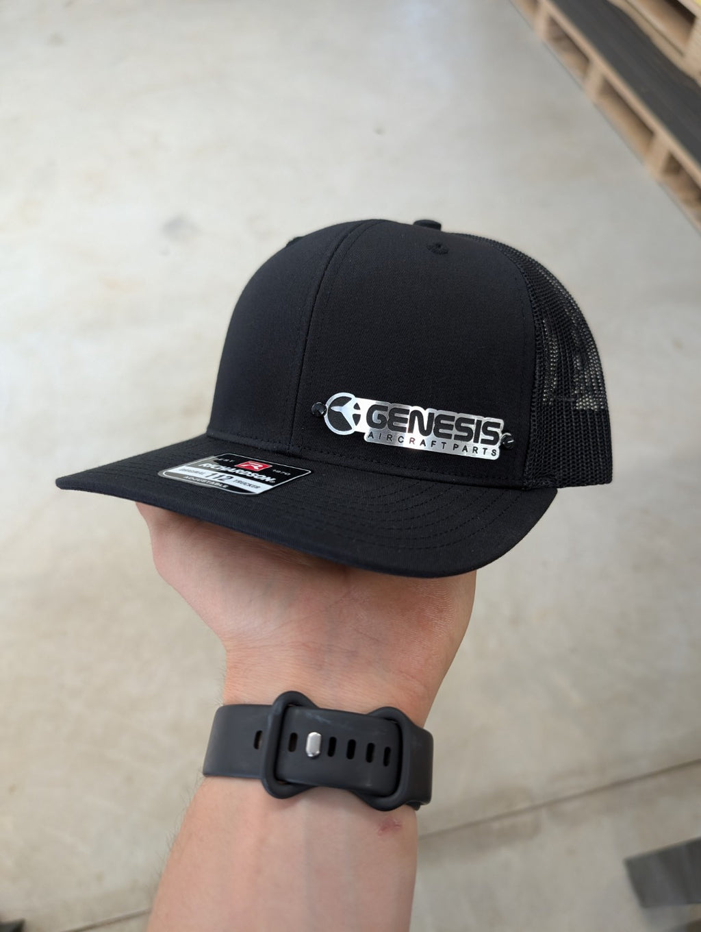 Custom Company Badge Hats With Logo - Mesh Trucker Hat – Brushed Silver/Black Badge - Economy - Headgear Hats