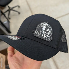 Custom Company Badge Hats With Logo - Mesh Trucker Hat – Brushed Silver/Black Badge - Economy - Headgear Hats