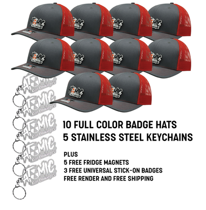 Small Business Bundle - 10 Full Color Badge Hats, Keychains and Universal Badges