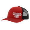 Gorras de empresa personalizadas con logotipo: gorra de camionero de malla roja y negra, diseño de acero inoxidable en relieve